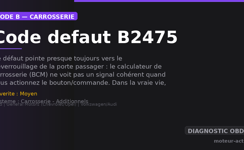 Code défaut B2475 : Ce défaut pointe presque toujours vers le déverrouillage de la porte passager : le calculateur de carrosserie (BCM) ne voit pas un signal cohérent quand vous actionnez le bouton/commande