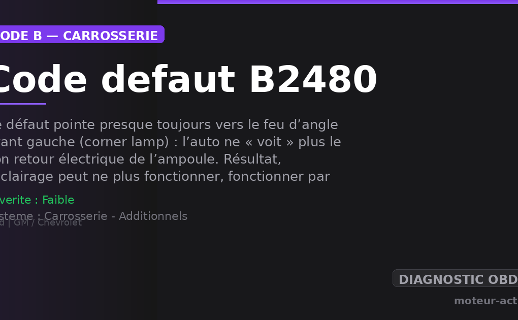Code défaut B2480 : Ce défaut pointe presque toujours vers le feu d’angle avant gauche (corner lamp) : l’auto ne « voit » plus le bon retour électrique de l’ampoule