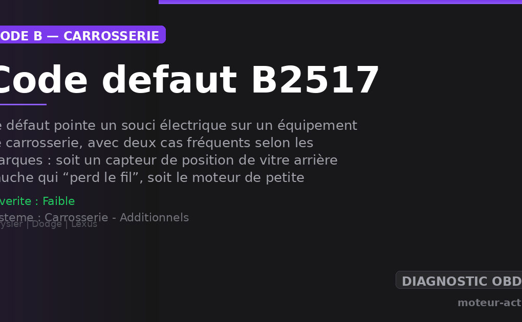 Code défaut B2517 : Ce défaut pointe un souci électrique sur un équipement de carrosserie, avec deux cas fréquents selon les marques : soit un capteur de position de vitre arrière gauche qui “perd le fil”, soit le moteur de petite vitre latérale (quarter window) côté gauche qui n’est plus vu par le calculateur