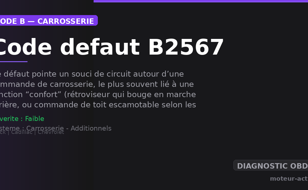 Code défaut B2567 : Ce défaut pointe un souci de circuit autour d’une commande de carrosserie, le plus souvent lié à une fonction “confort” (rétroviseur qui bouge en marche arrière, ou commande de toit escamotable selon les modèles GM)