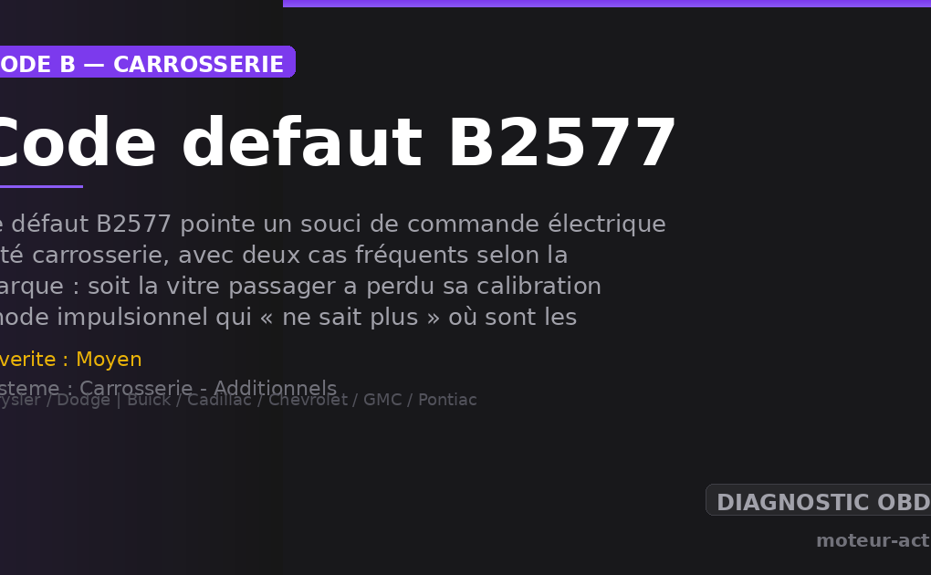 Code défaut B2577 : Ce défaut B2577 pointe un souci de commande électrique côté carrosserie, avec deux cas fréquents selon la marque : soit la vitre passager a perdu sa calibration (mode impulsionnel qui « ne sait plus » où sont les butées), soit le circuit de relais de correcteur d’assiette (ALC) est en défaut