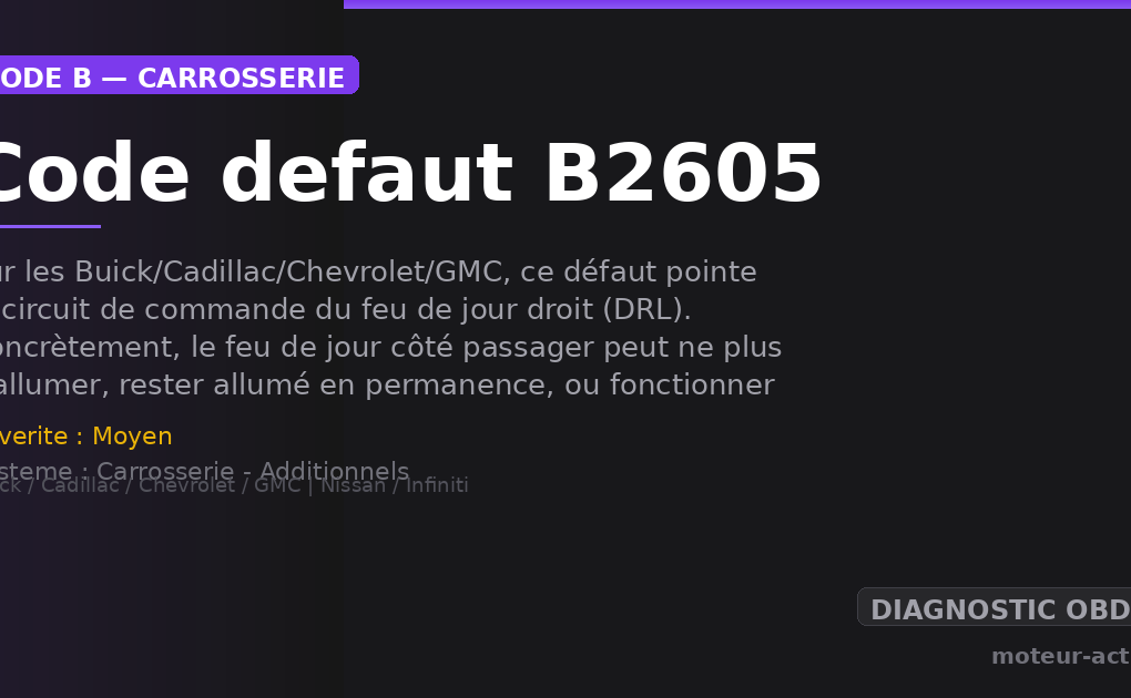 Code défaut B2605 : Sur les Buick/Cadillac/Chevrolet/GMC, ce défaut pointe le circuit de commande du feu de jour droit (DRL)