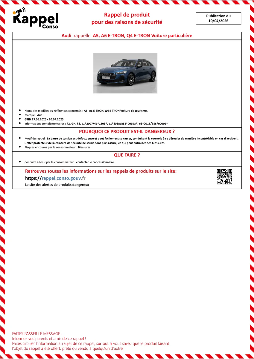 Affichette officielle de rappel constructeur Audi - A5, A6 e-tron, Q4 e-tron voiture de tourisme.