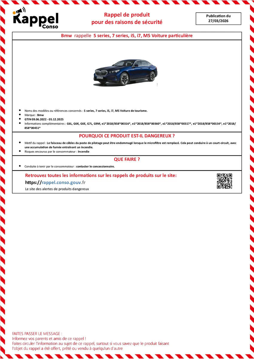 Affichette officielle de rappel constructeur Bmw - 5 series, 7 series, I5, I7, M5 voiture de tourisme.