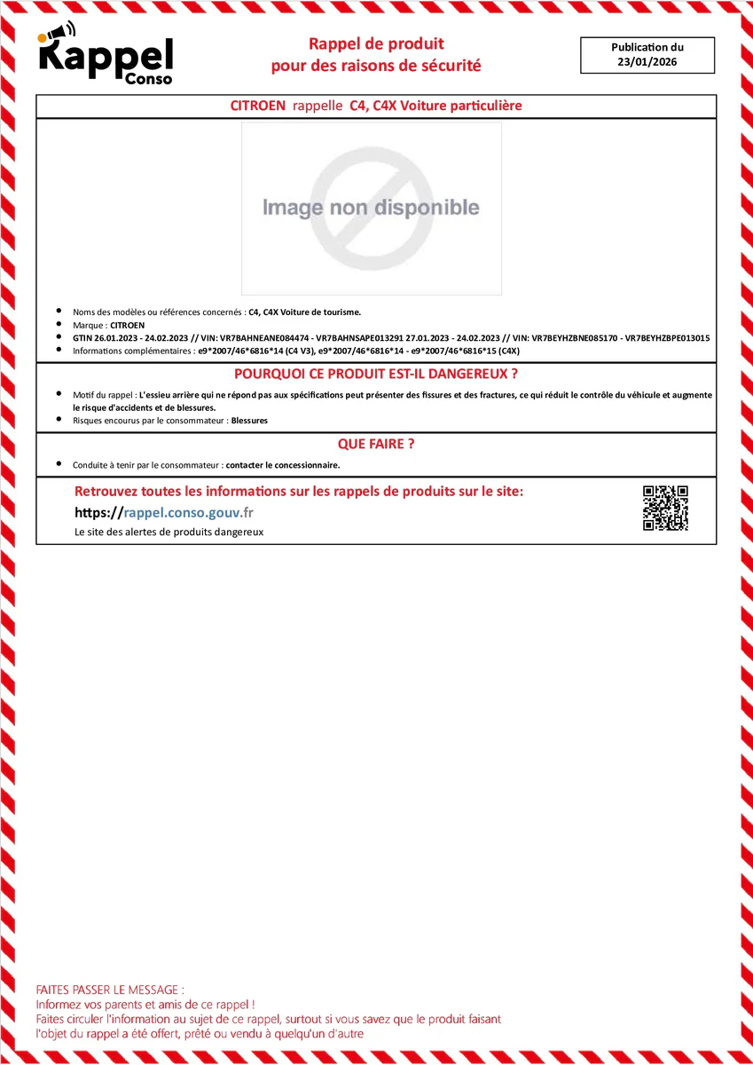 Affichette officielle de rappel constructeur Citroen - C4, C4x voiture de tourisme.