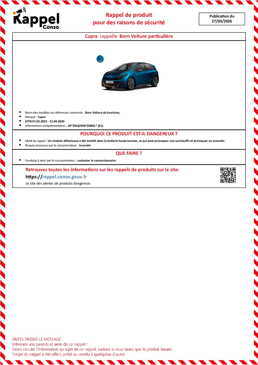 Affichette officielle de rappel constructeur Cupra - Born voiture de tourisme.