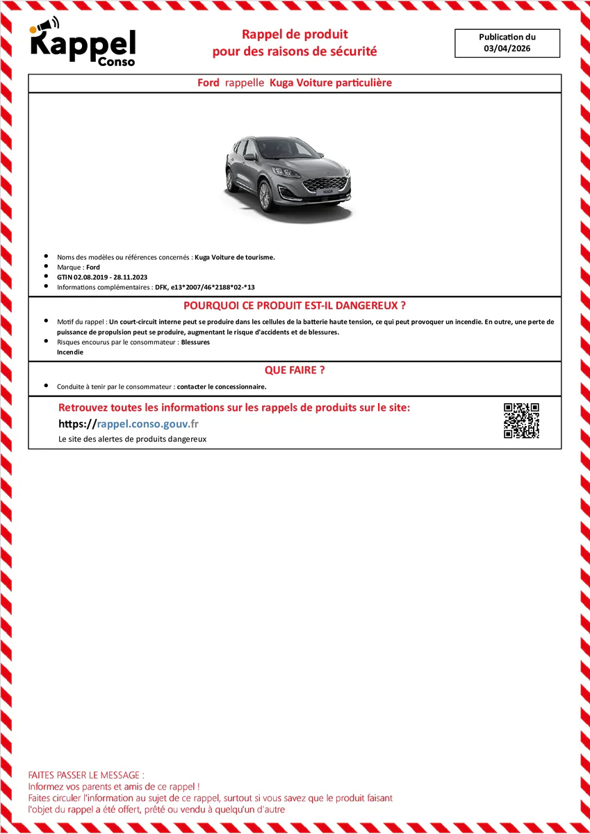 Affichette officielle de rappel constructeur Ford - Kuga voiture de tourisme.