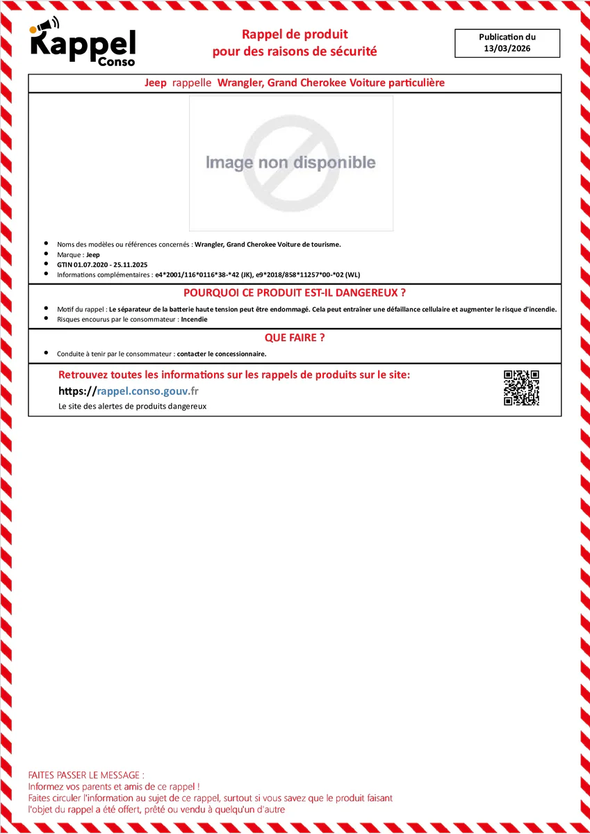Affichette officielle de rappel constructeur Jeep - Wrangler, Grand cherokee voiture de tourisme.