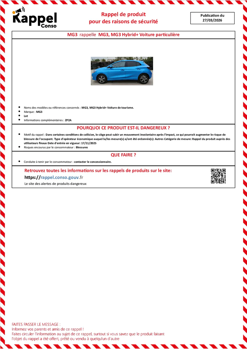 Affichette officielle de rappel constructeur Mg3 - Mg3, Mg3 hybrid+ voiture de tourisme.
