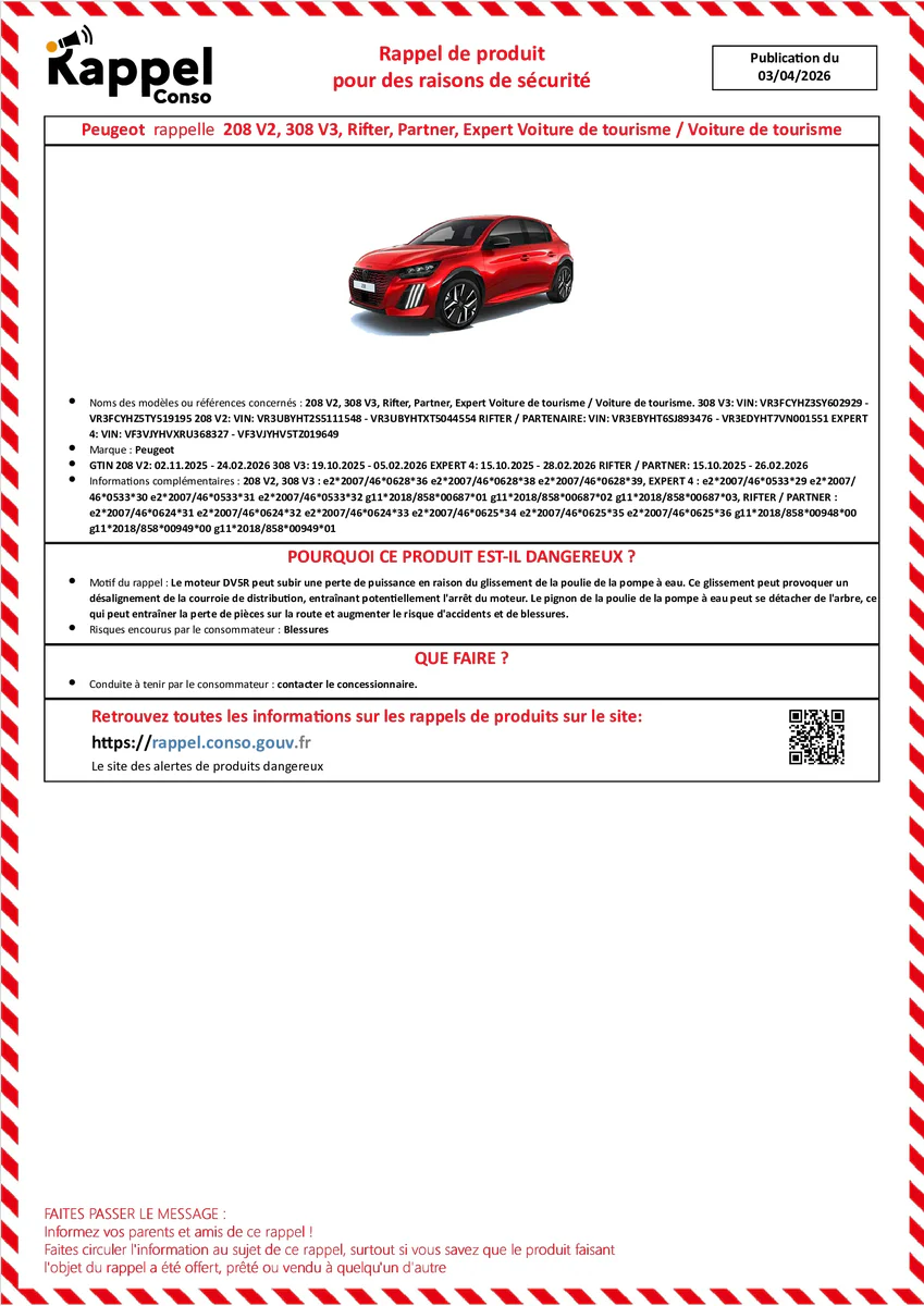 Affichette officielle de rappel constructeur Peugeot - 208 v2, 308 v3, Rifter, Partner, Expert voiture de tourisme