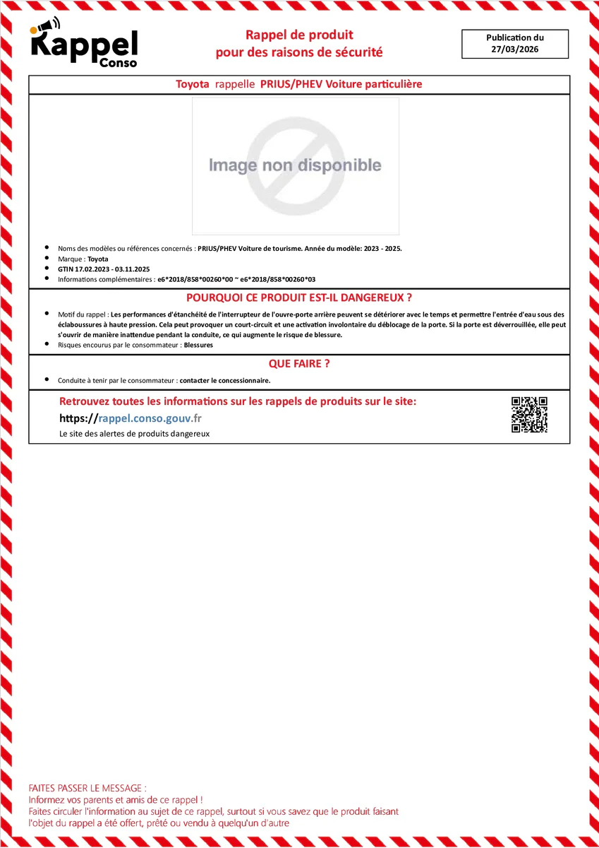 Affichette officielle de rappel constructeur Toyota - Prius/phev voiture de tourisme. année du modèle: 2023 - 2025.