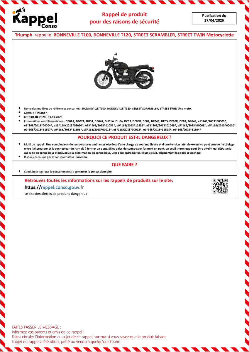 Affichette officielle de rappel constructeur Triumph - Bonneville t100, Bonneville t120, Street scrambler, Street twin une moto.