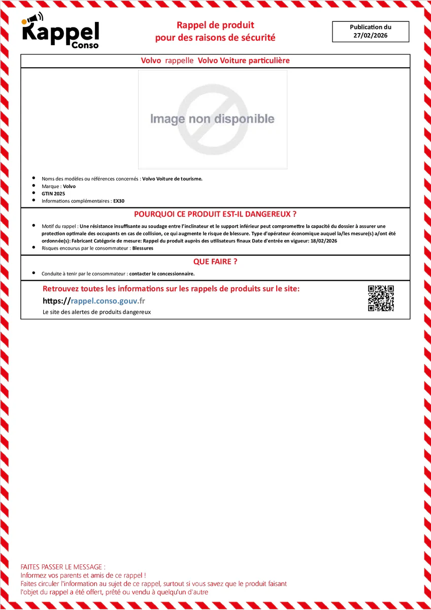 Affichette officielle de rappel constructeur Volvo - Volvo voiture de tourisme.