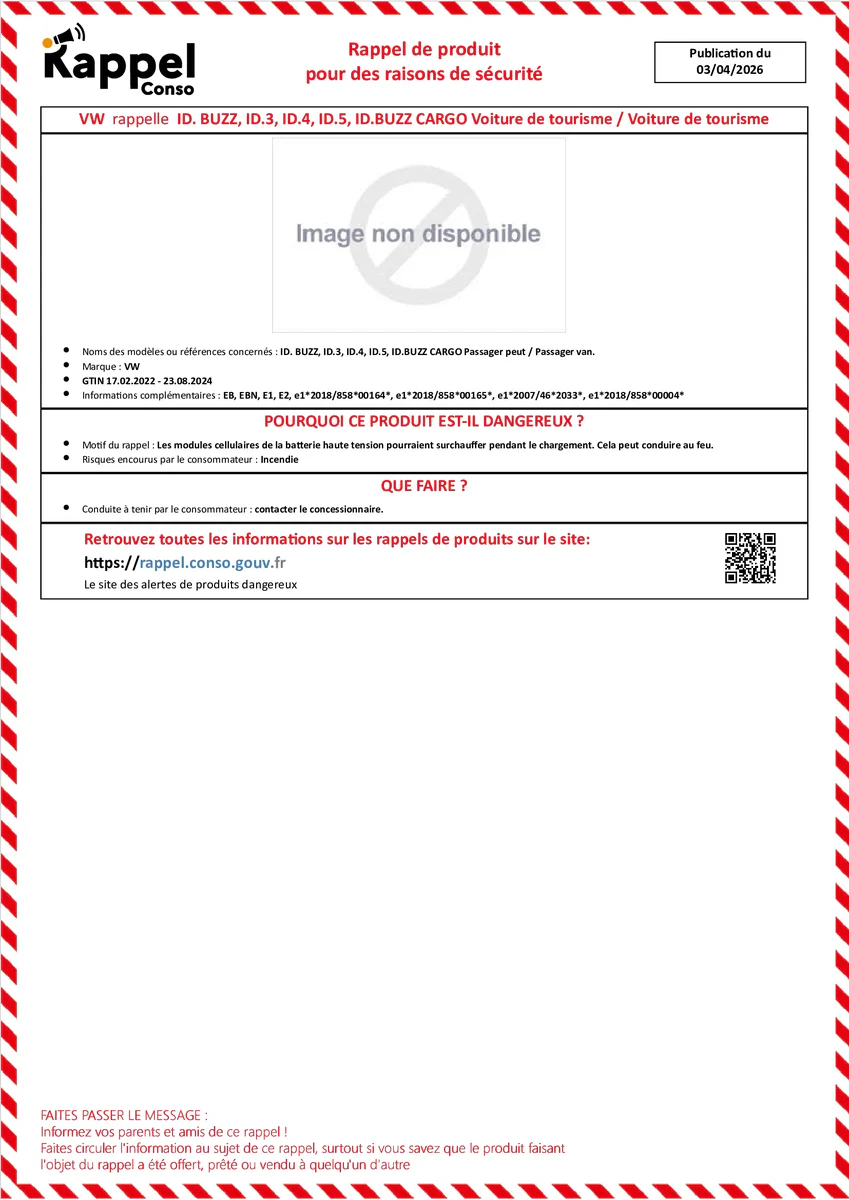 Affichette officielle de rappel constructeur Vw - Id. buzz, Id.3, Id.4, Id.5, Id.buzz cargo passager peut