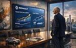 Man in a suit looks at a Renault presentation screen showing growth charts and future targets in a conference room with ci...