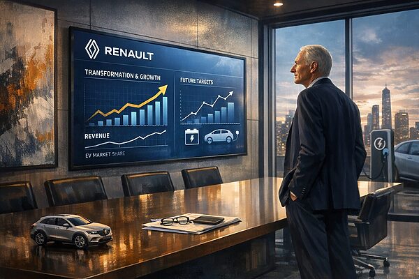 Man in a suit looks at a Renault presentation screen showing growth charts and future targets in a conference room with ci...