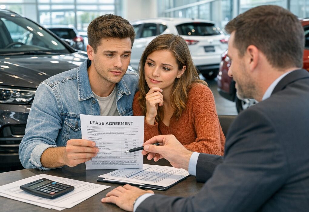 A couple reviews a lease agreement with a salesperson in a car dealership. A calculator and documents are on the table