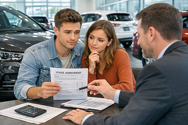 A couple reviews a lease agreement with a salesperson in a car dealership. A calculator and documents are on the table