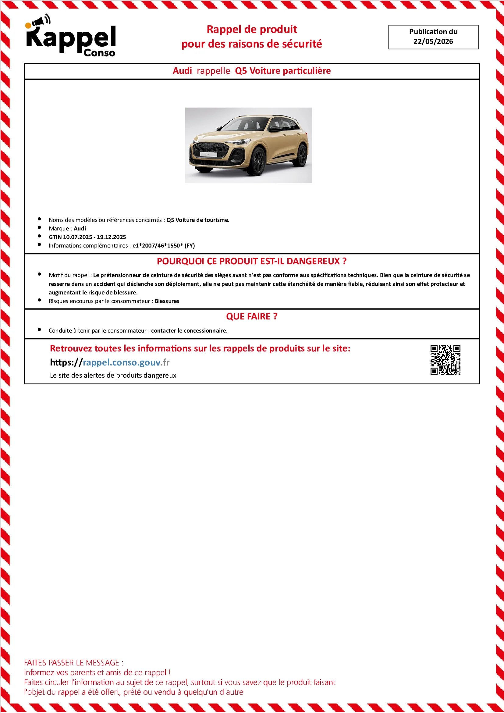 Affichette officielle de rappel constructeur Audi - Q5 voiture de tourisme.