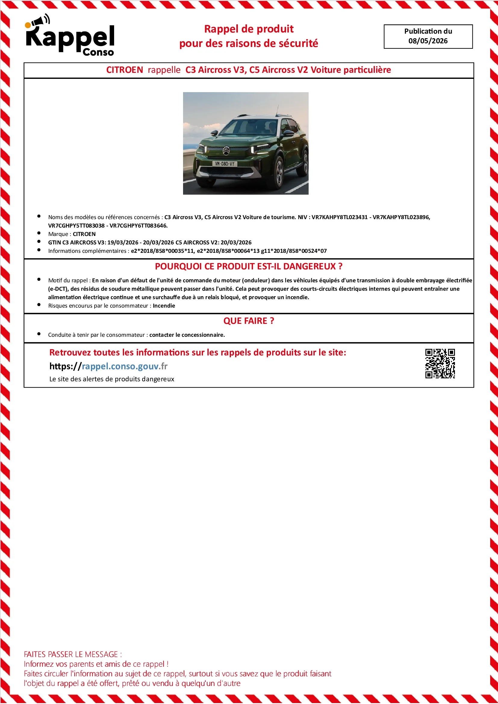 Affichette officielle de rappel constructeur Citroen - C3 aircross v3, C5 aircross v2 voiture de tourisme. niv : vr7kahpy8tl023431 - vr7kahpy8tl023896, Vr7cghpy5tt083038 - vr7cghpy6tt083646.