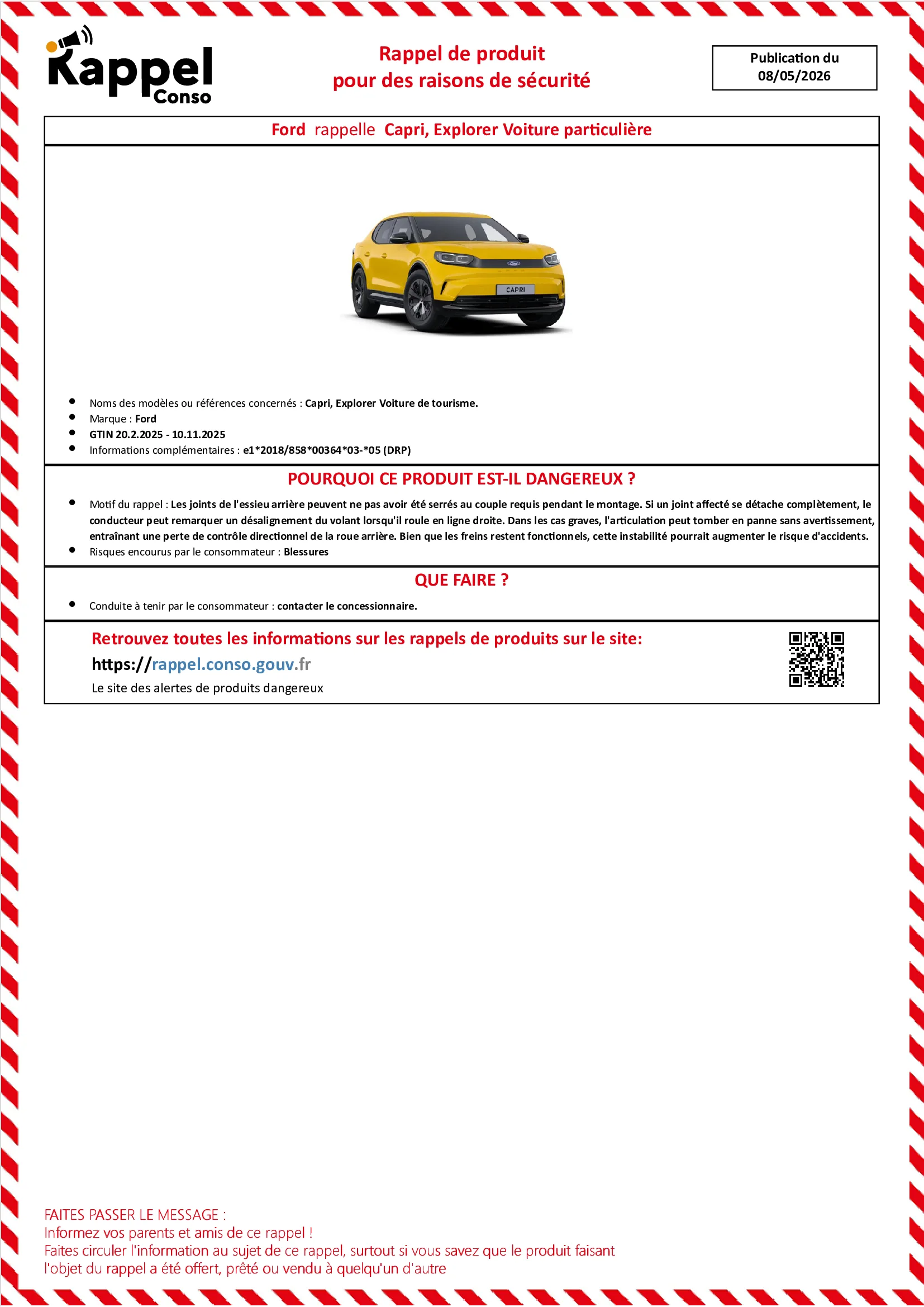 Affichette officielle de rappel constructeur Ford - Capri, Explorer voiture de tourisme.