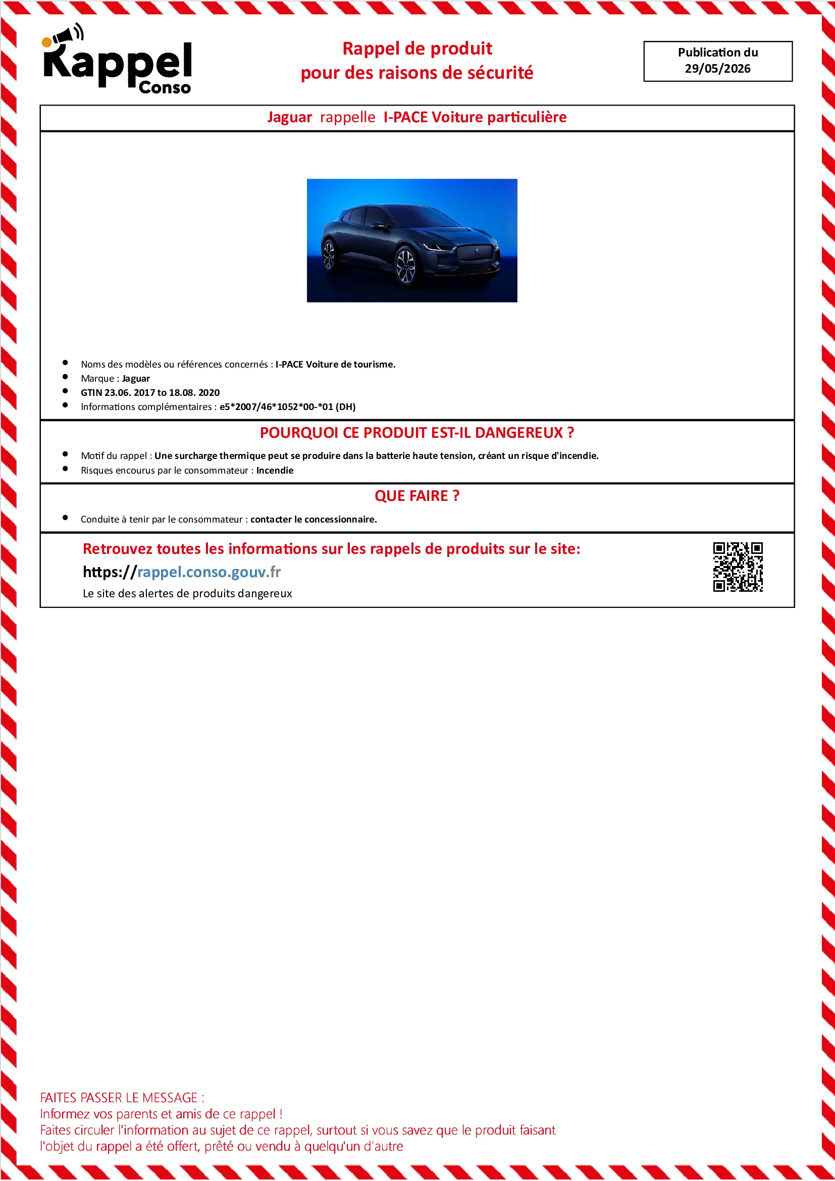 Affichette officielle de rappel constructeur Jaguar - I-pace voiture de tourisme.