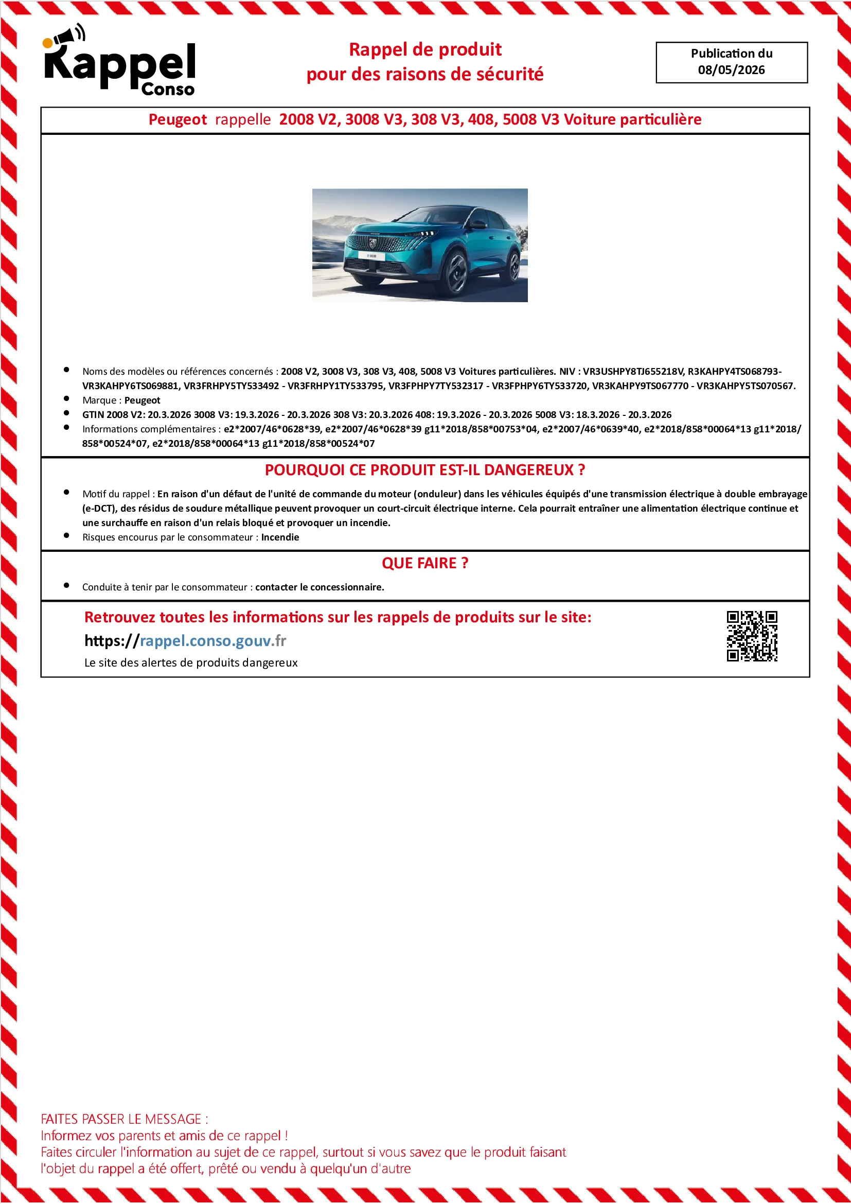 Affichette officielle de rappel constructeur Peugeot - 2008 v2, 3008 v3, 308 v3, 408, 5008 v3 voitures particulières. niv : vr3ushpy8tj655218v