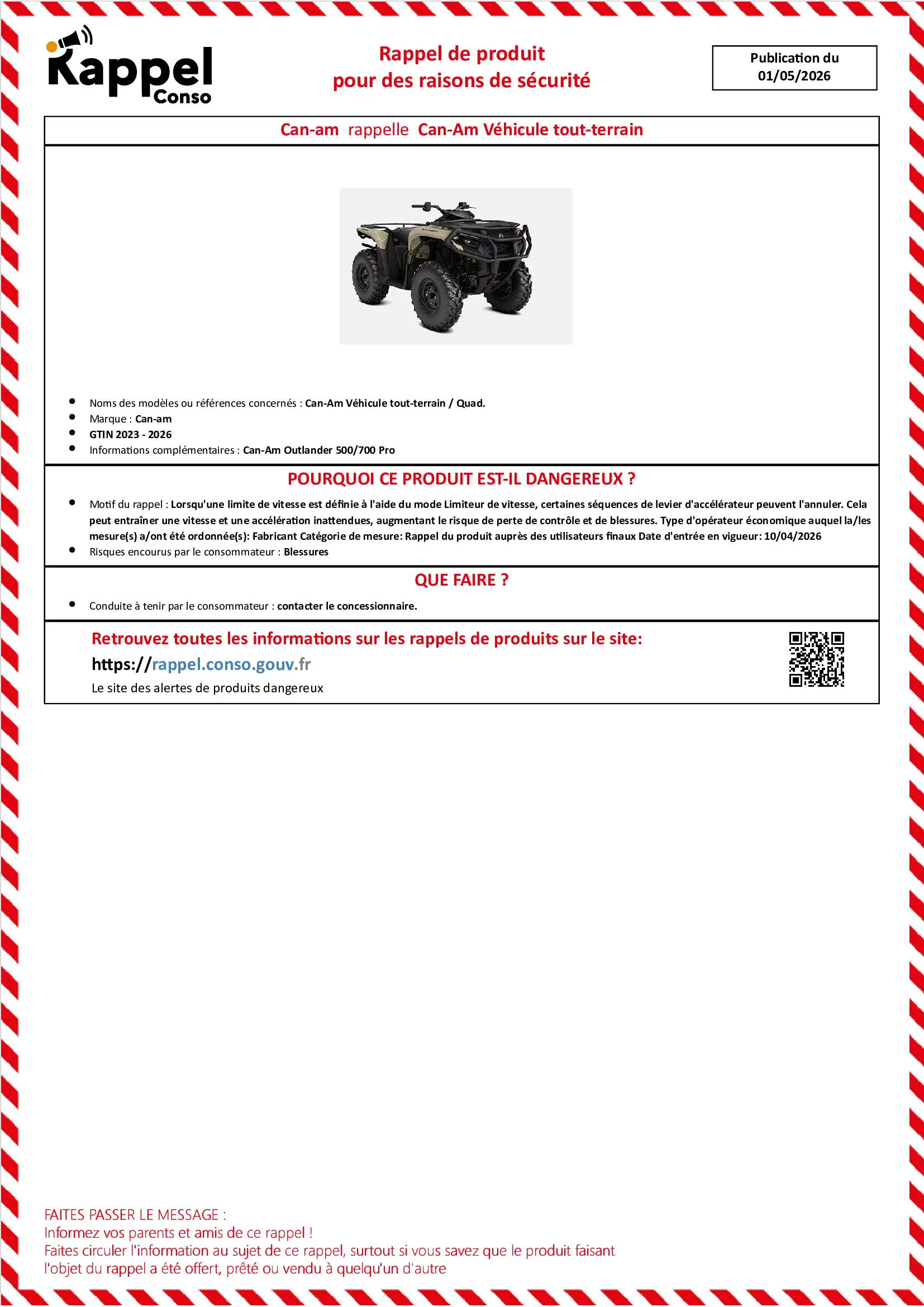Affichette officielle de rappel constructeur Can-am - Can-am véhicule tout-terrain, Quad.