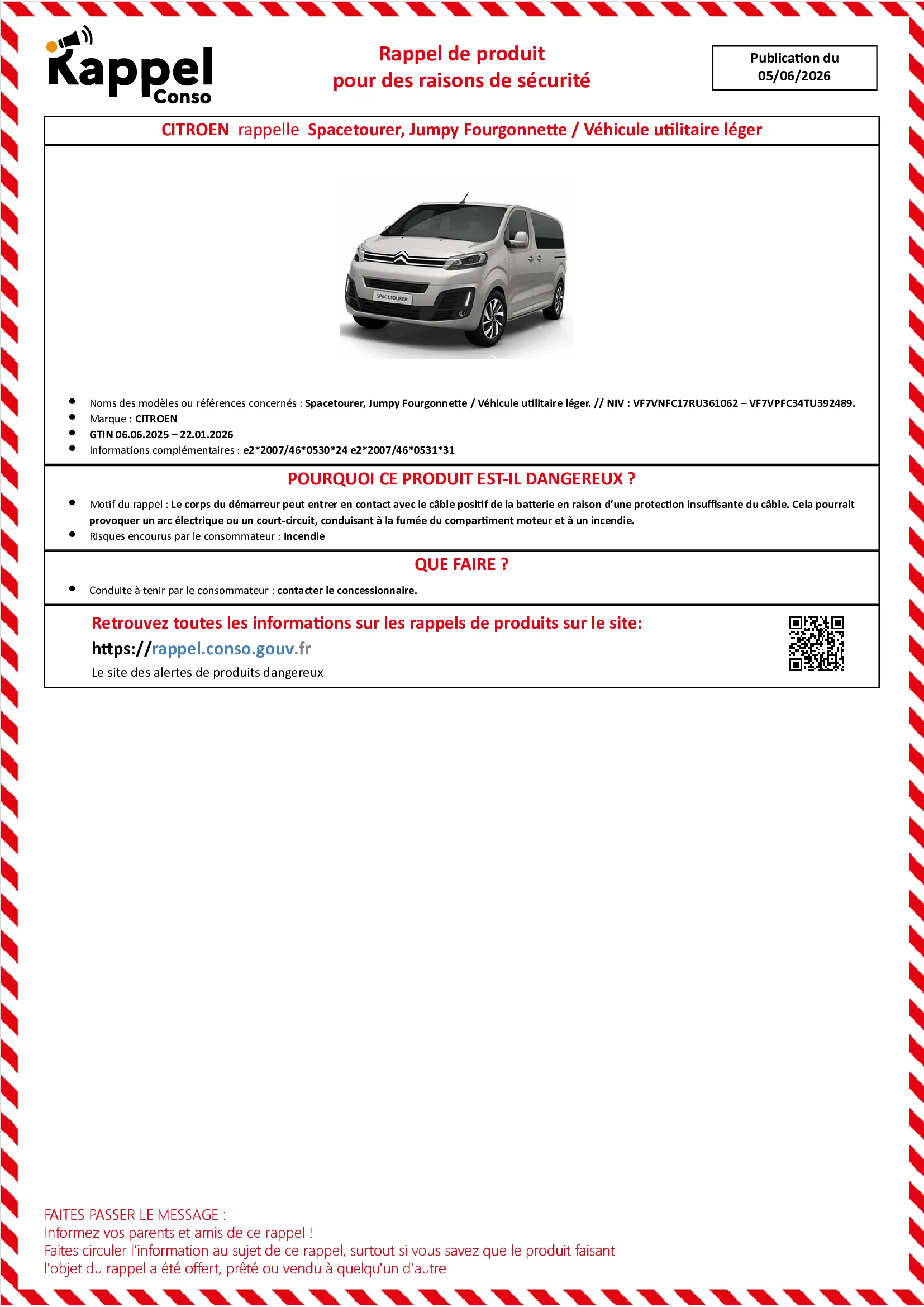 Affichette officielle de rappel constructeur Citroen - Spacetourer, Jumpy fourgonnette, Véhicule utilitaire léger. // niv : vf7vnfc17ru361062 – vf7vpfc34tu392489.