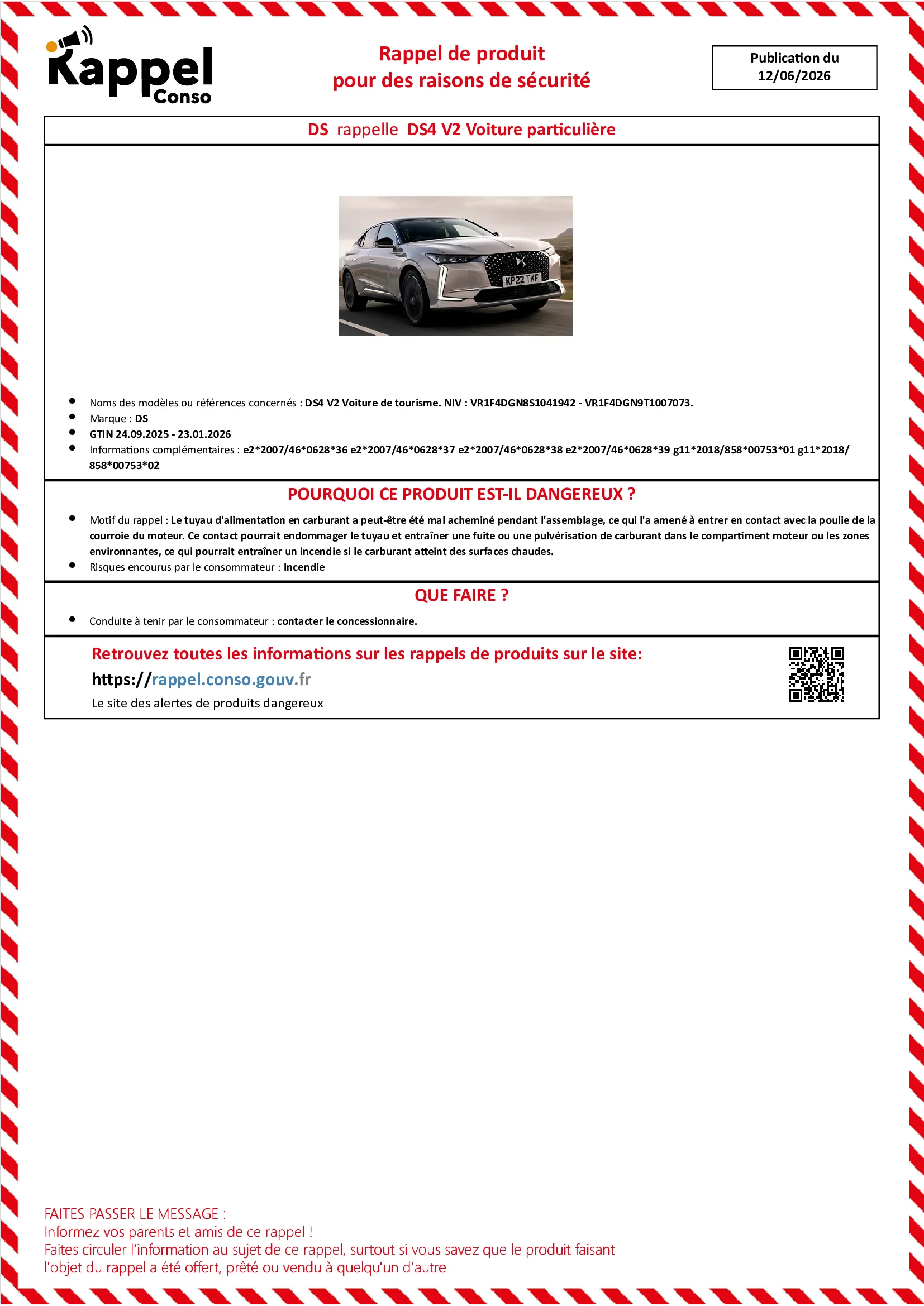 Affichette officielle de rappel constructeur Ds - Ds4 v2 voiture de tourisme. niv : vr1f4dgn8s1041942 - vr1f4dgn9t1007073.