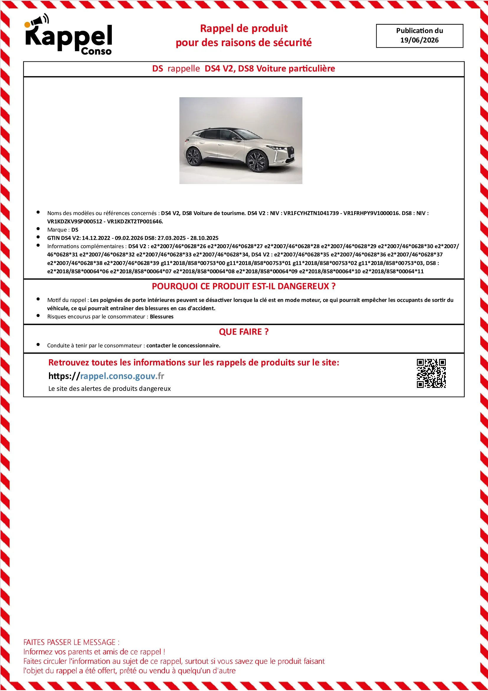 Affichette officielle de rappel constructeur Ds - Ds4 v2, Ds8 voiture de tourisme. ds4 v2 : niv : vr1fcyhztn1041739 - vr1frhpy9v1000016. ds8 : niv : vr1kdzkv9sp000512 - vr1kdzkt2tp001646.
