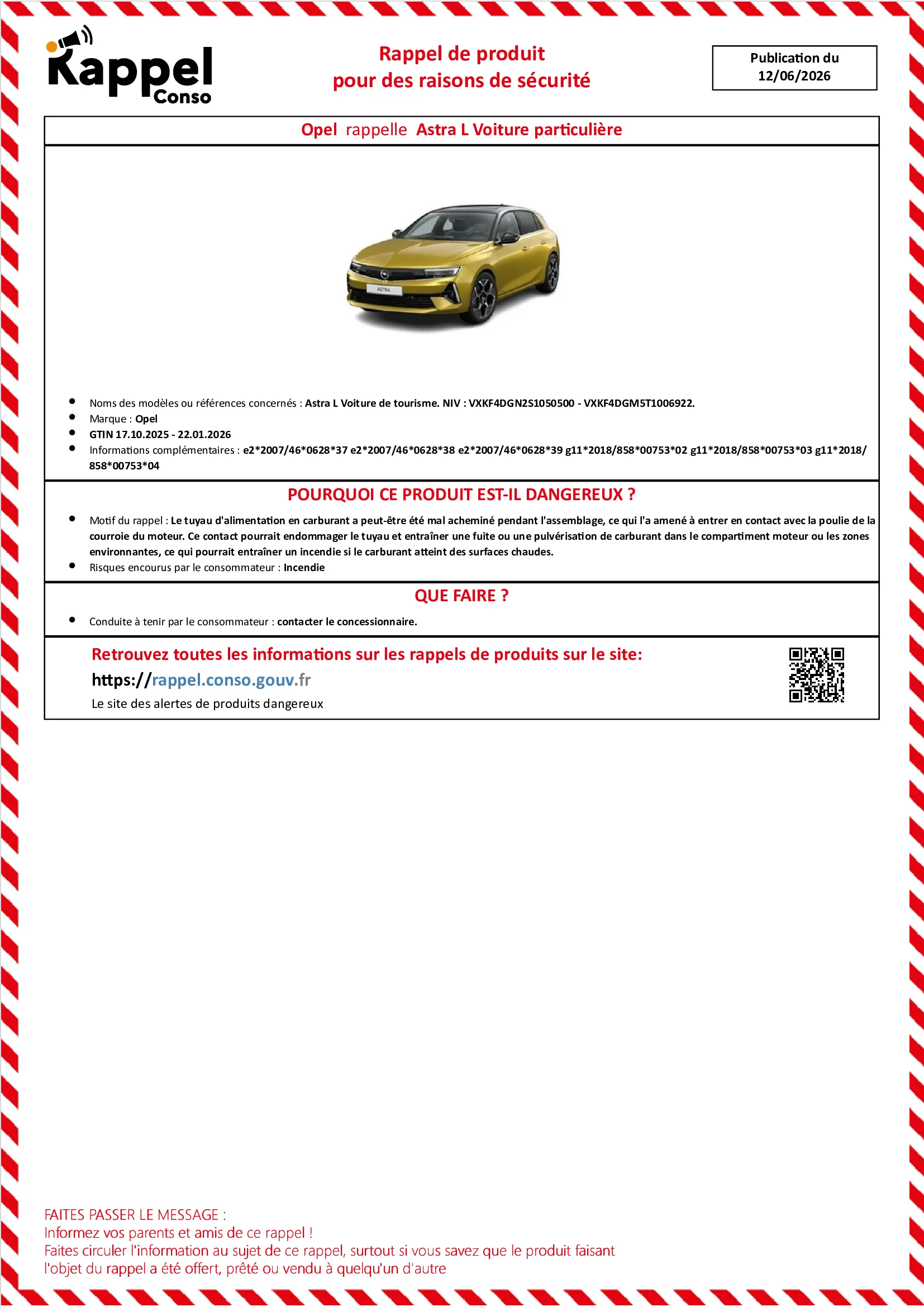 Affichette officielle de rappel constructeur Opel - Astra l voiture de tourisme. niv : vxkf4dgn2s1050500 - vxkf4dgm5t1006922.