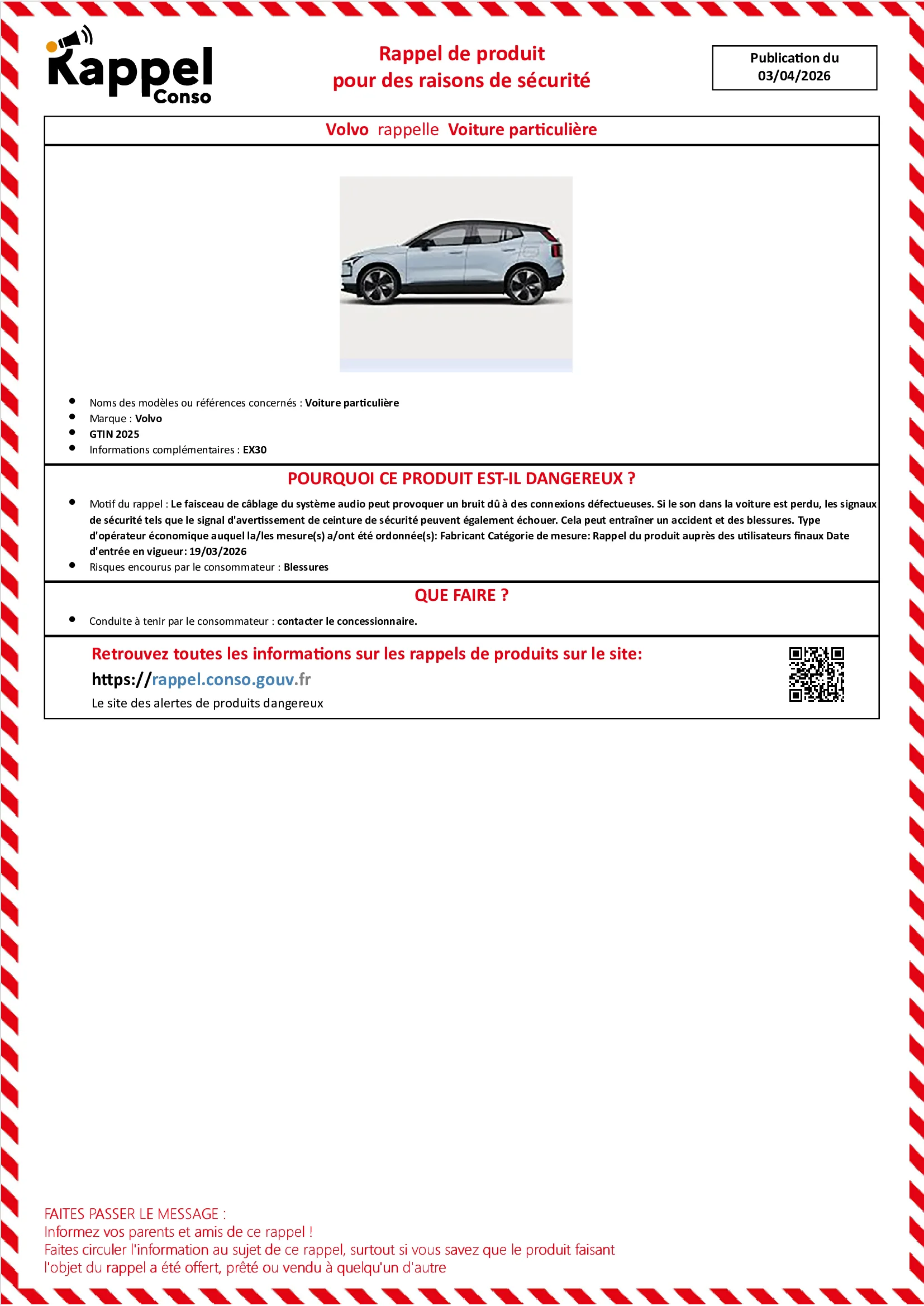 Affichette officielle de rappel constructeur Volvo - Voiture particulière