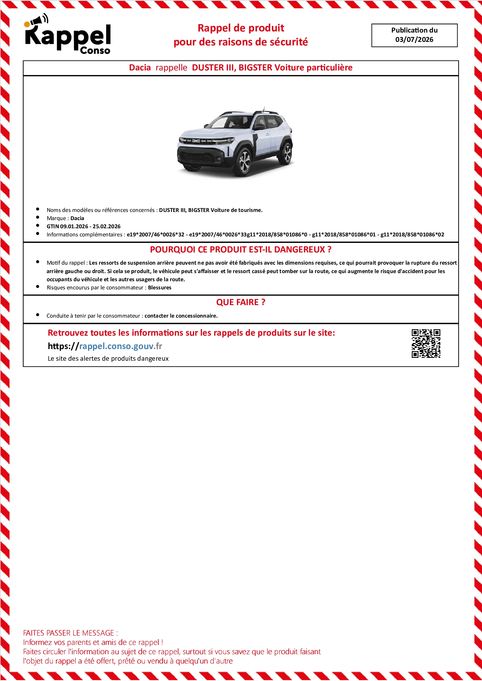 Affichette officielle de rappel constructeur Dacia - Duster iii, Bigster voiture de tourisme.