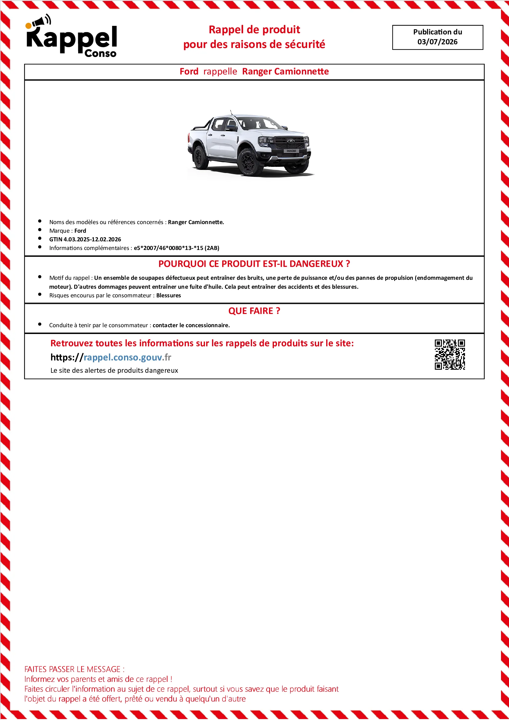 Affichette officielle de rappel constructeur Ford - Ranger camionnette.