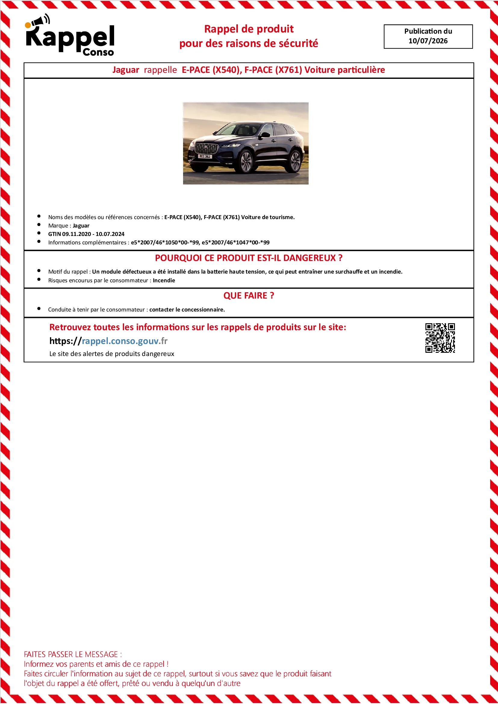 Affichette officielle de rappel constructeur Jaguar - E-pace (x540), F-pace (x761) voiture de tourisme.