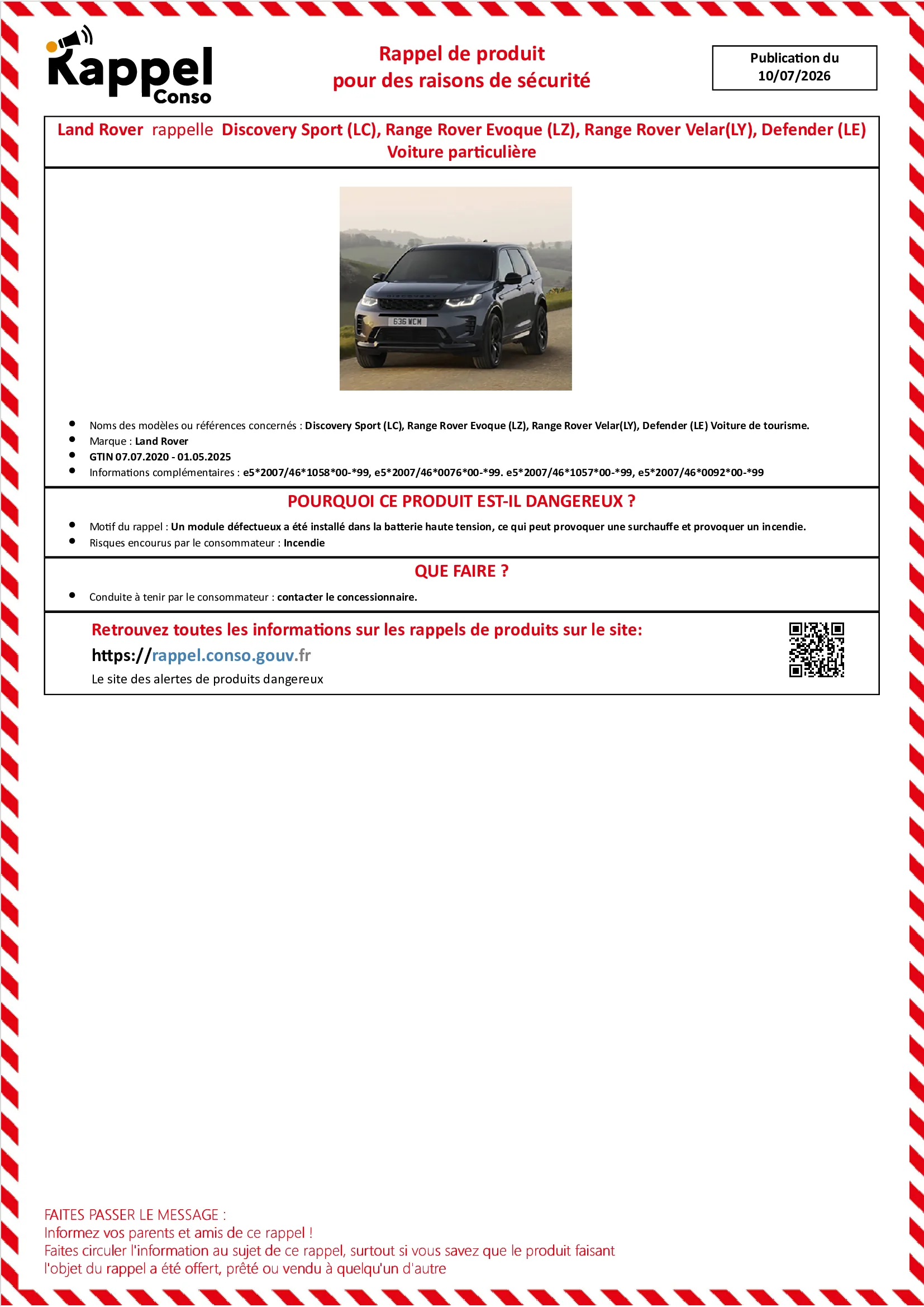 Affichette officielle de rappel constructeur Land rover - Discovery sport (lc), Range rover evoque (lz), Range rover velar(ly), Defender (le) voiture de tourisme.