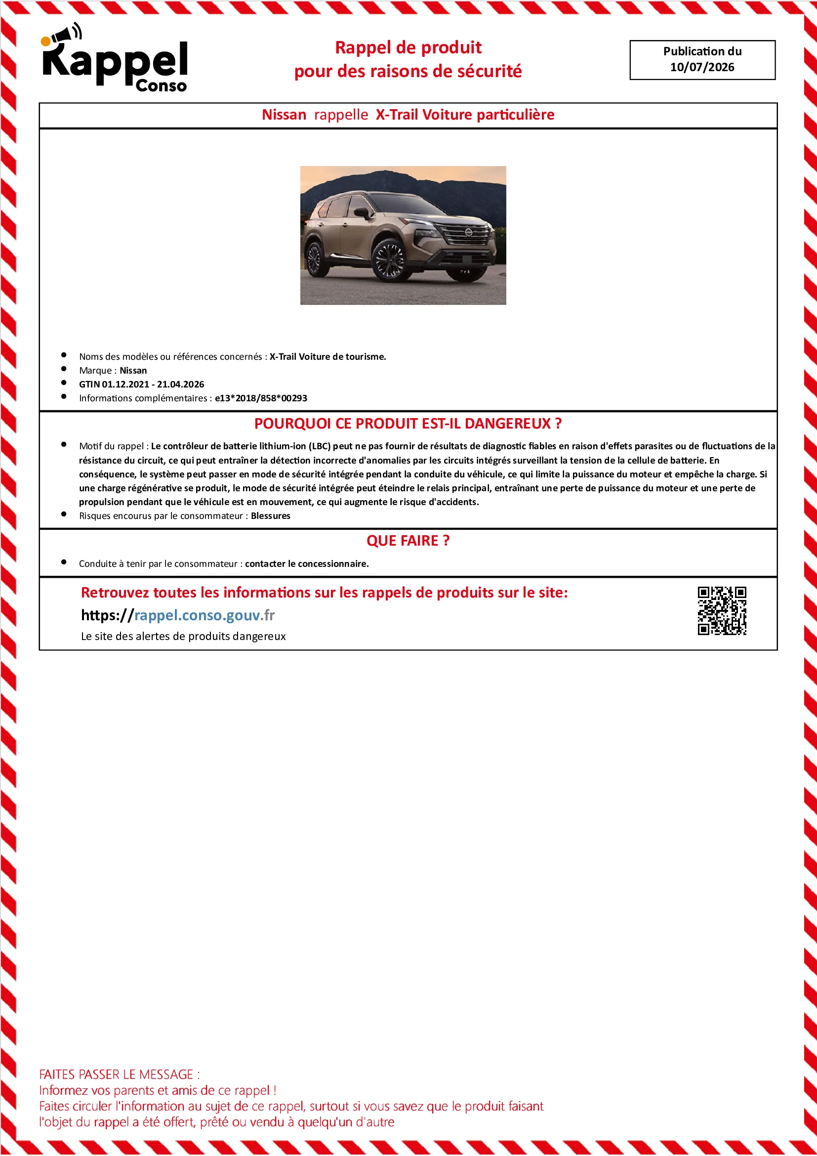 Affichette officielle de rappel constructeur Nissan - X-trail voiture de tourisme.
