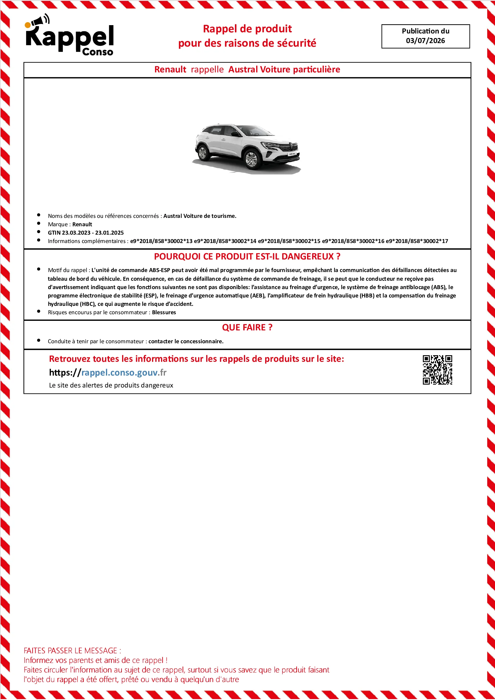 Affichette officielle de rappel constructeur Renault - Austral voiture de tourisme.