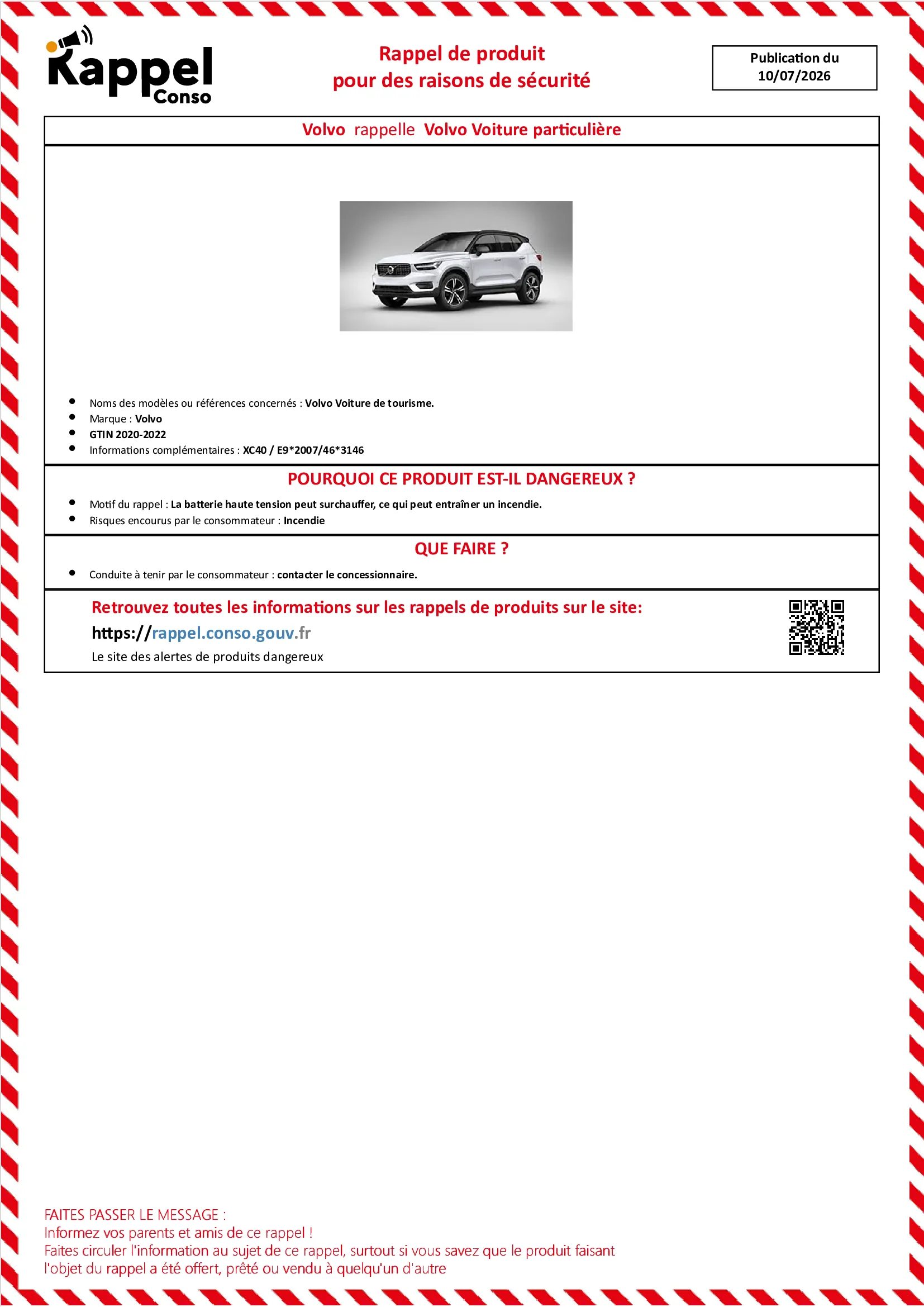 Affichette officielle de rappel constructeur Volvo - Volvo voiture de tourisme.
