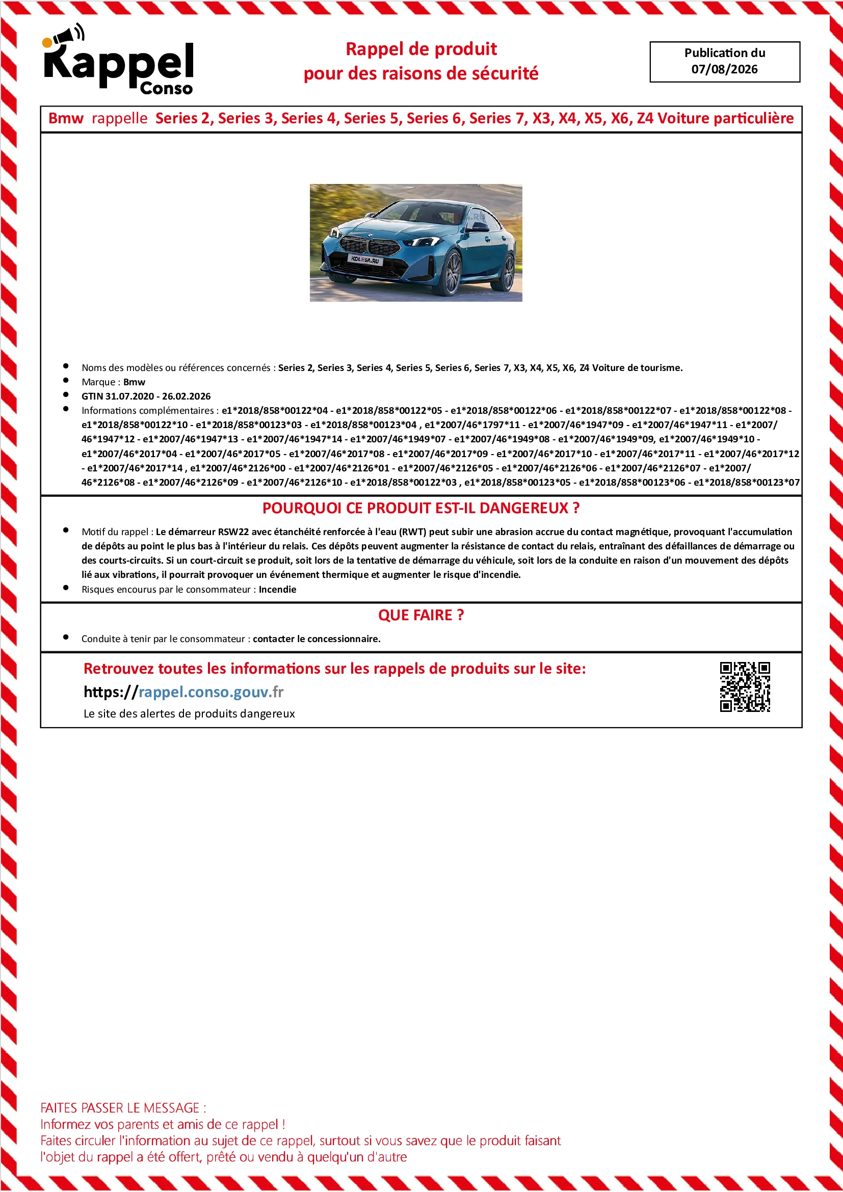 Affichette officielle de rappel constructeur Bmw - Series 2, Series 3, Series 4, Series 5, Series 6