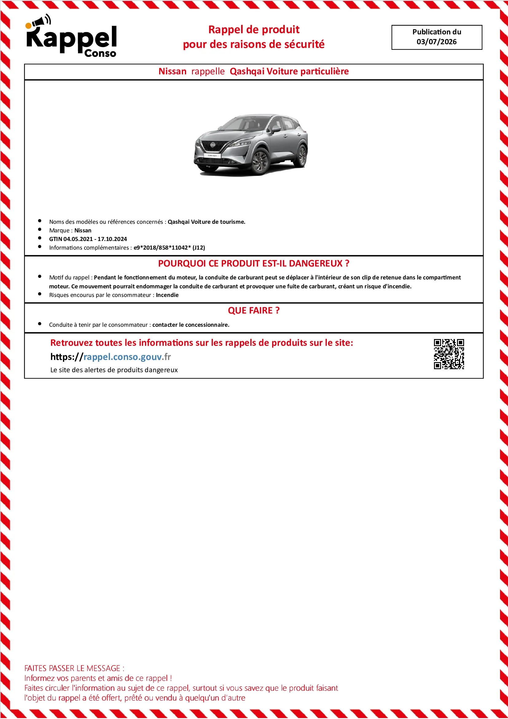 Affichette officielle de rappel constructeur Nissan - Qashqai voiture de tourisme.