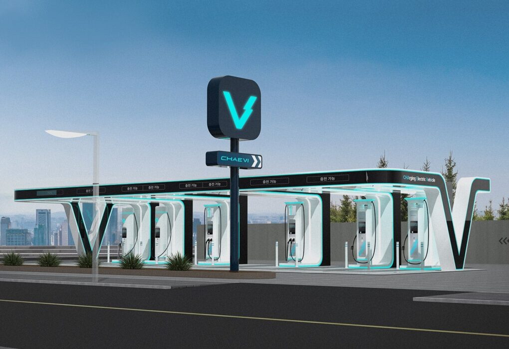 Une borne de recharge rapide Chaevi sur une aire d’autoroute en Corée du Sud.