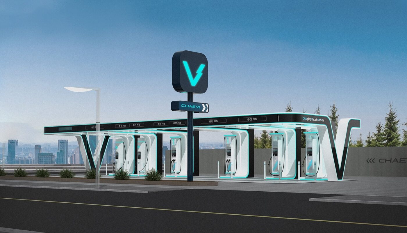 Une borne de recharge rapide Chaevi sur une aire d’autoroute en Corée du Sud.