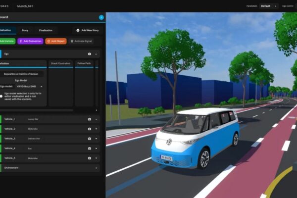 Visualisation numérique d’un environnement routier utilisée pour tester des technologies de conduite autonome.