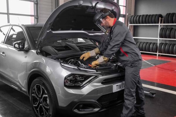 Un automobiliste examine une voiture immobilisée au bord de la route.