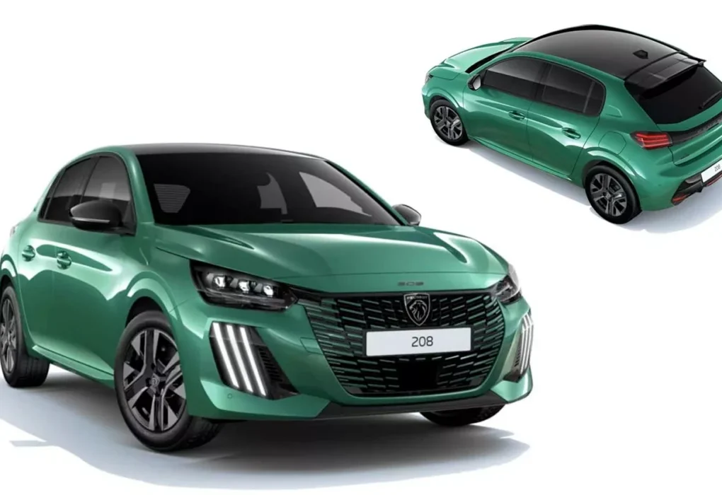 Une Peugeot 208 ENVY 2026 en Vert Alvao avec son toit noir Black Diamond.