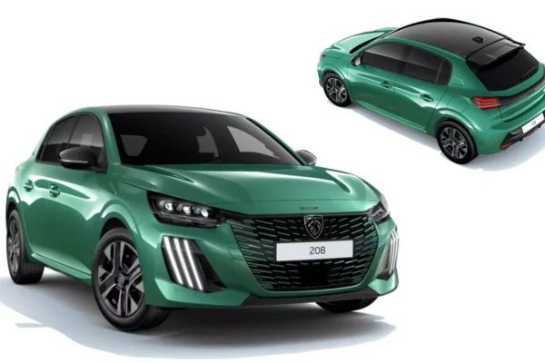 Une Peugeot 208 ENVY 2026 en Vert Alvao avec son toit noir Black Diamond.