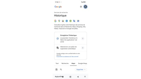 Historique des recherches dans Google Maps.