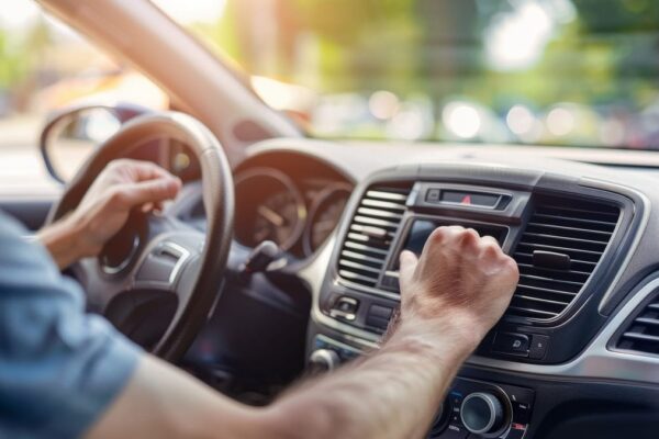 Un technicien intervient sur le circuit de climatisation d'une voiture d'occasion utilisant du R134a.